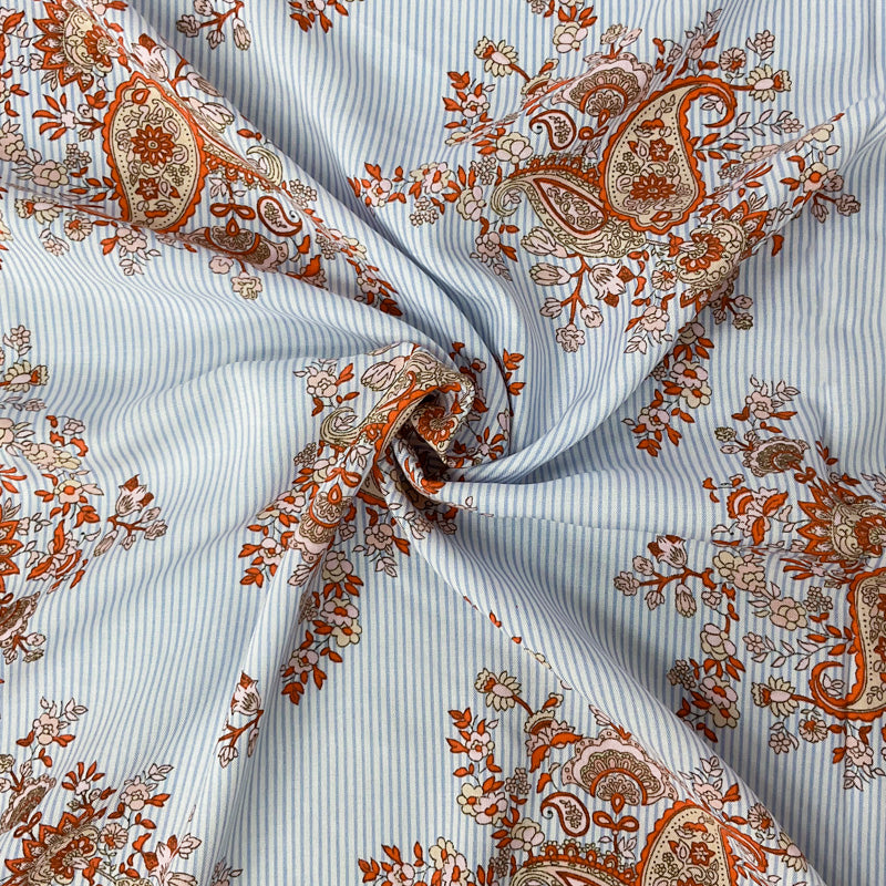Blue-White-Multi Rayon Paisley Stripe Printed Challis Woven Fabric
