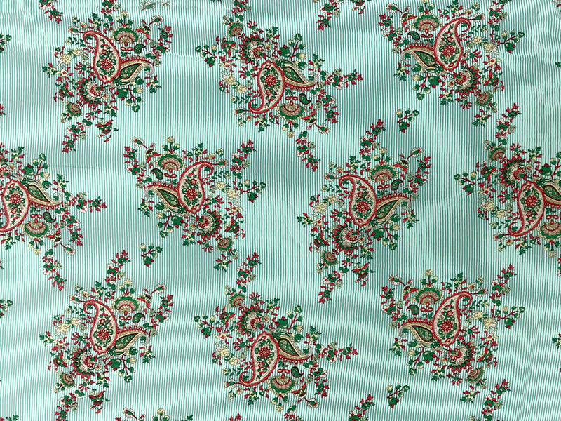Green-White-Multi Rayon Paisley Stripe Printed Challis Woven Fabric