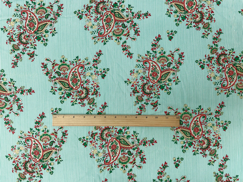 Green-White-Multi Rayon Paisley Stripe Printed Challis Woven Fabric