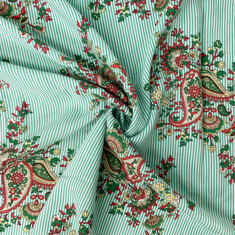 Green-White-Multi Rayon Paisley Stripe Printed Challis Woven Fabric