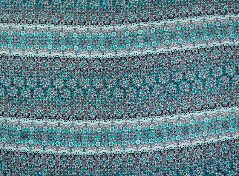 Blue-Teal-White Rayon Floral Moroccan Printed Challis Woven Fabric