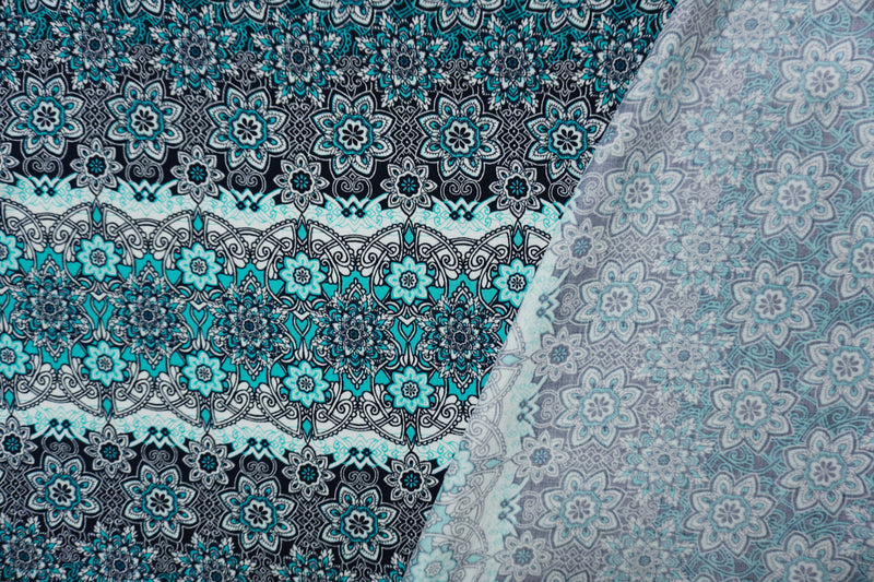 Blue-Teal-White Rayon Floral Moroccan Printed Challis Woven Fabric