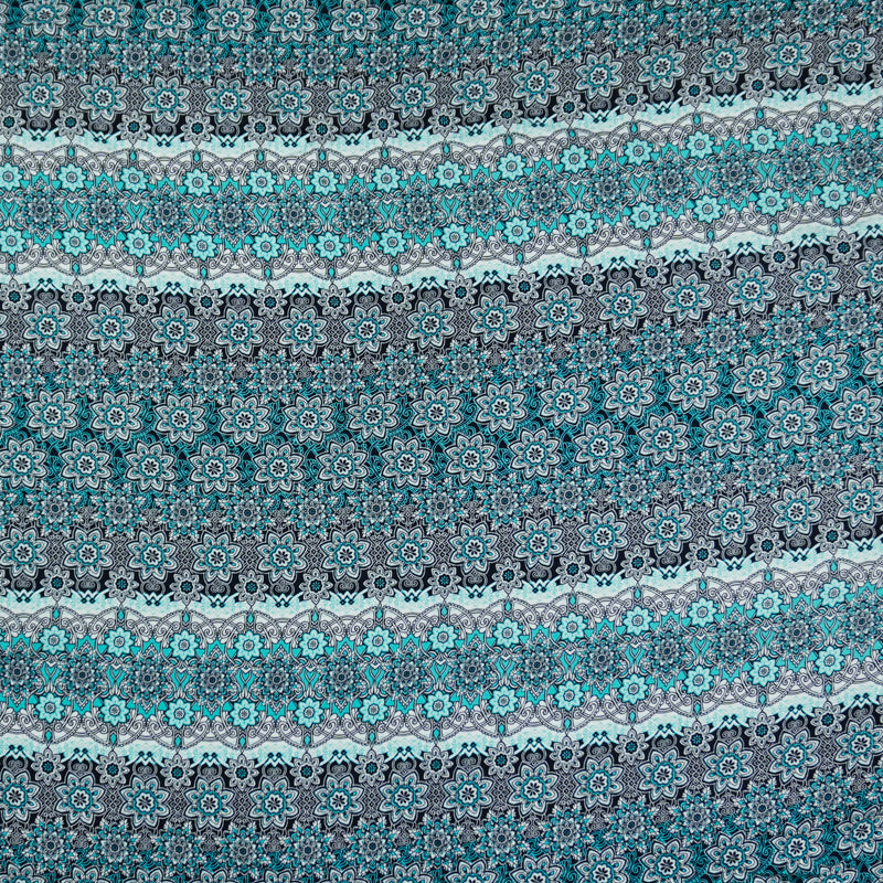 Blue-Teal-White Rayon Floral Moroccan Printed Challis Woven Fabric