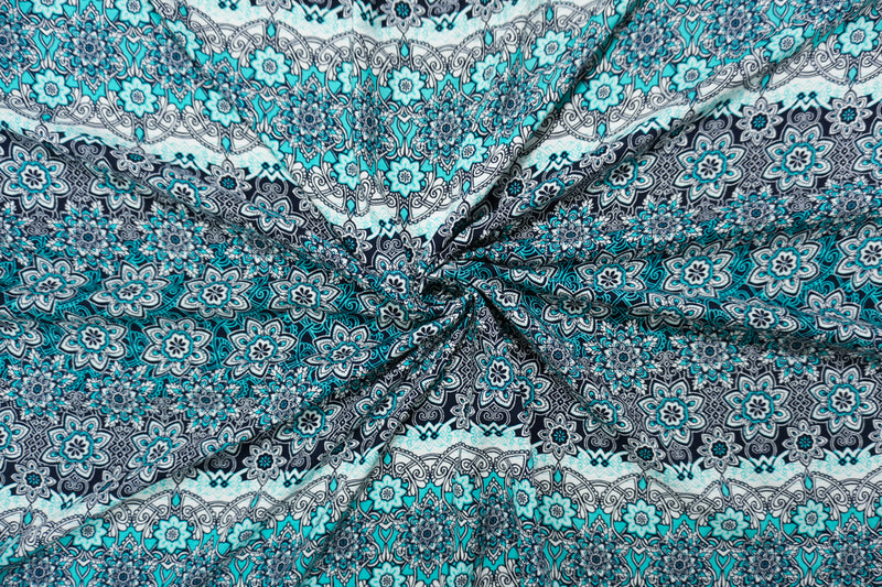 Blue-Teal-White Rayon Floral Moroccan Printed Challis Woven Fabric