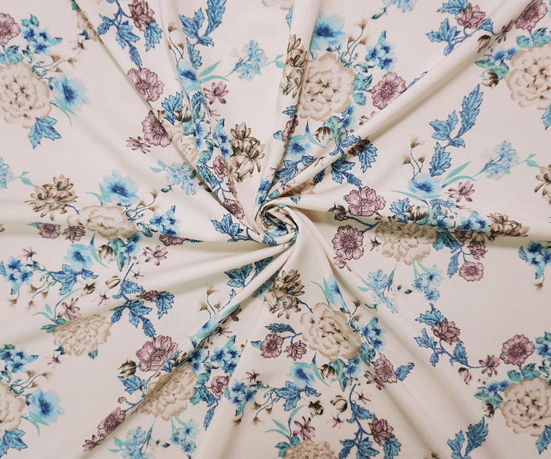 Beige-Multi Rayon Washable Floral Printed Challis Woven Fabric