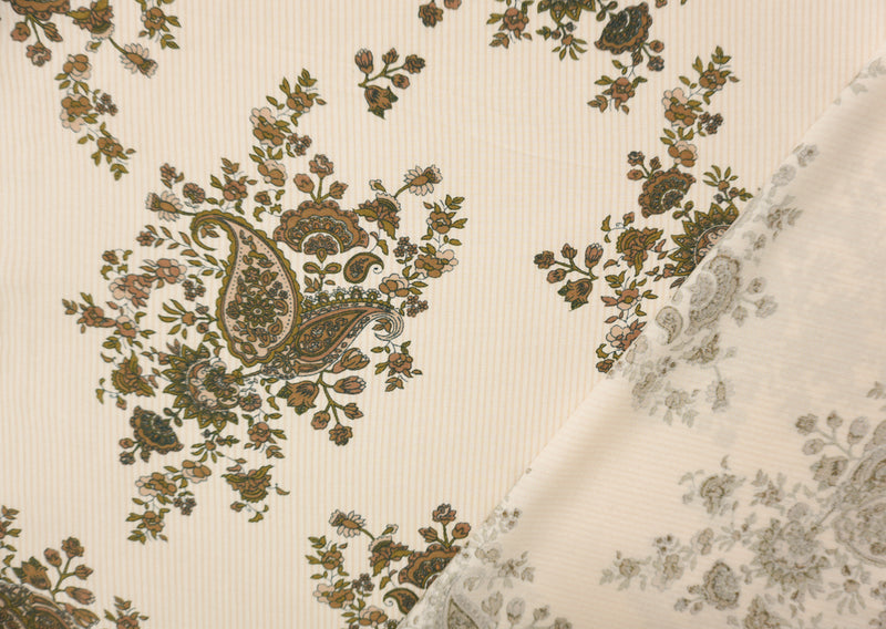 1 3/4 YD PC-Beige-Brown-White Rayon Floral Paisley Printed Challis Woven Fabric