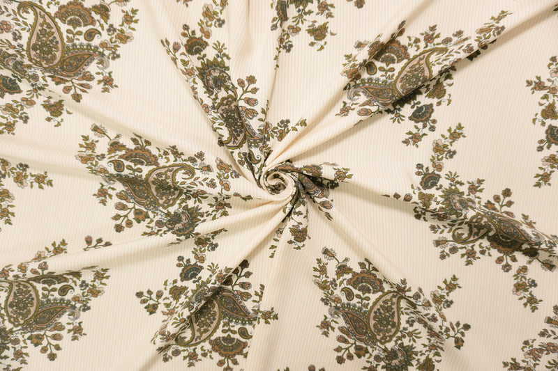 1 3/4 YD PC-Beige-Brown-White Rayon Floral Paisley Printed Challis Woven Fabric