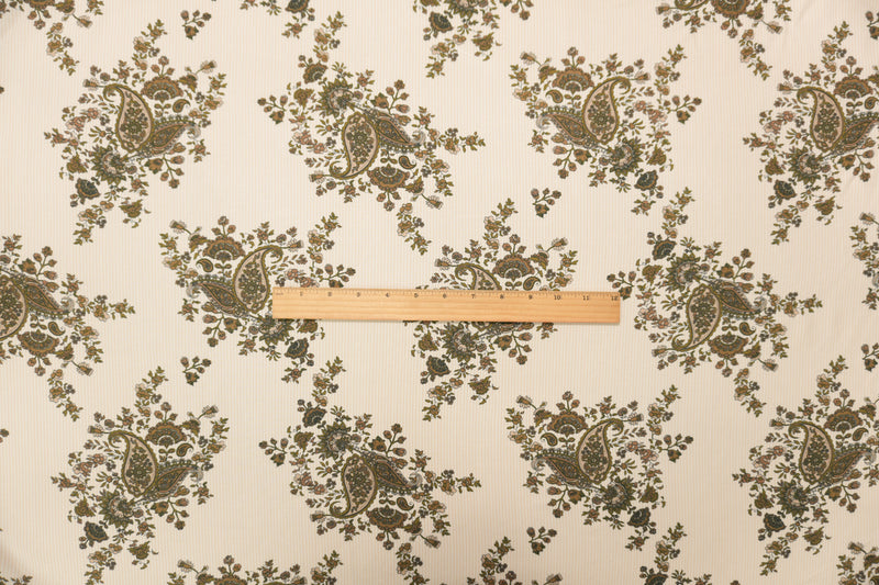 1 3/4 YD PC-Beige-Brown-White Rayon Floral Paisley Printed Challis Woven Fabric