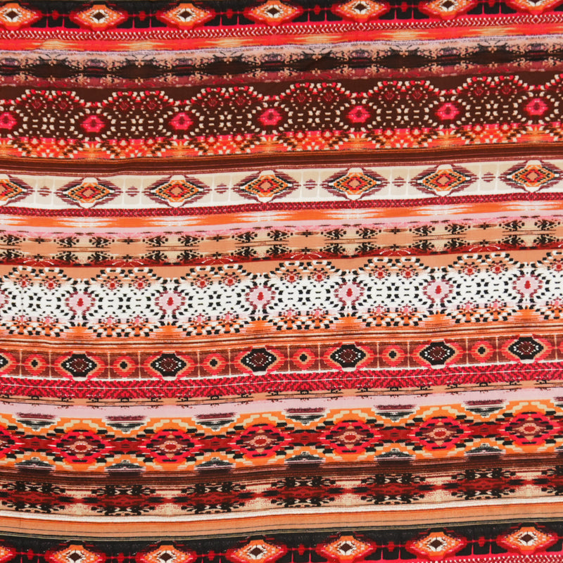 Red-Brown-Multi Rayon Ikat Printed Challis Woven Fabric