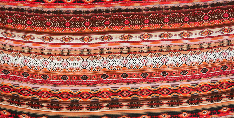 Red-Brown-Multi Rayon Ikat Printed Challis Woven Fabric