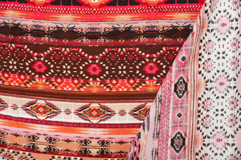 Red-Brown-Multi Rayon Ikat Printed Challis Woven Fabric