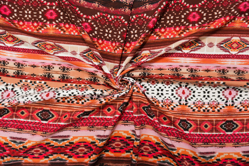 Red-Brown-Multi Rayon Ikat Printed Challis Woven Fabric