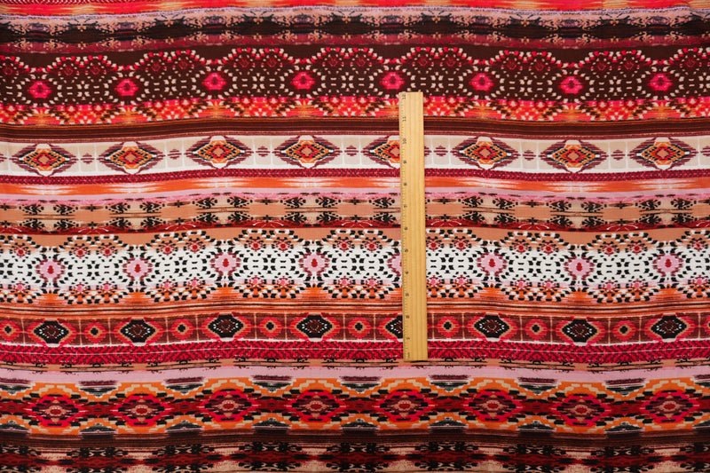 Red-Brown-Multi Rayon Ikat Printed Challis Woven Fabric