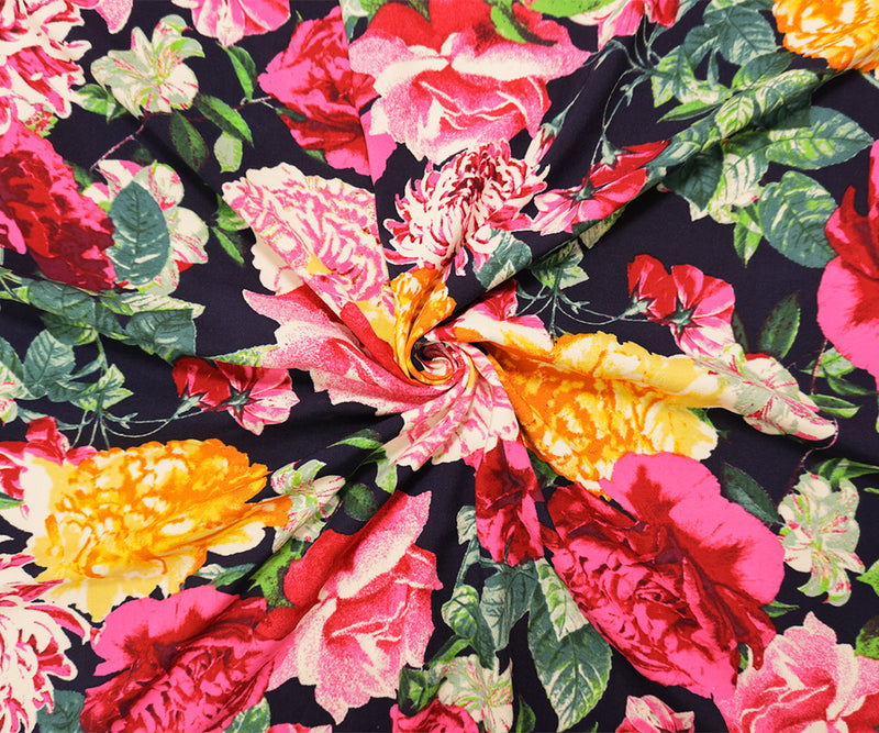 Blue-Red-Multi Rayon Floral Printed Challis Woven Fabric