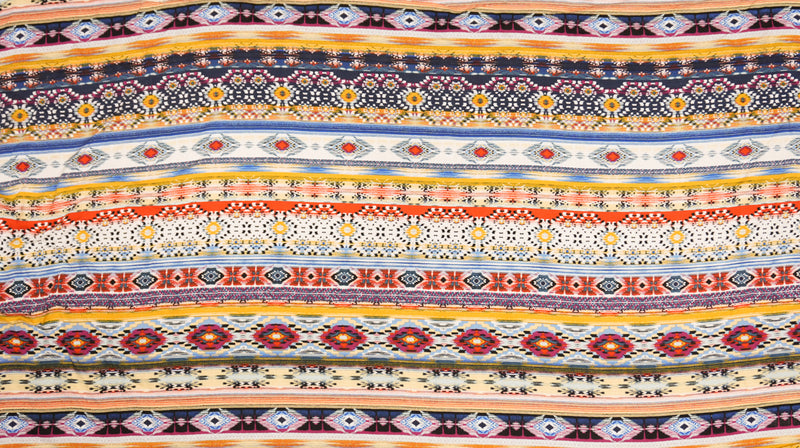 Blue-Yellow-Multi Rayon Ikat Printed Challis Woven Fabric