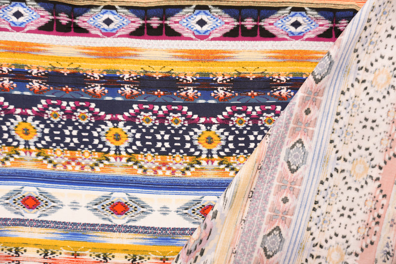 Blue-Yellow-Multi Rayon Ikat Printed Challis Woven Fabric
