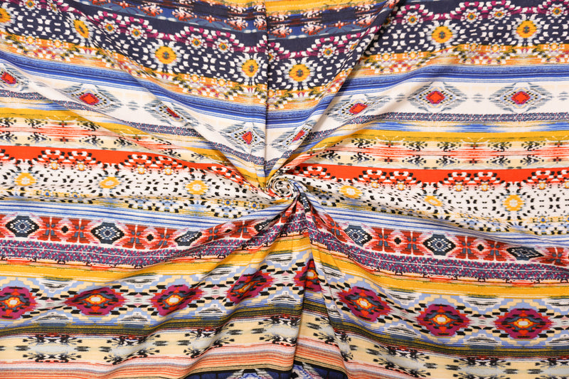 Blue-Yellow-Multi Rayon Ikat Printed Challis Woven Fabric
