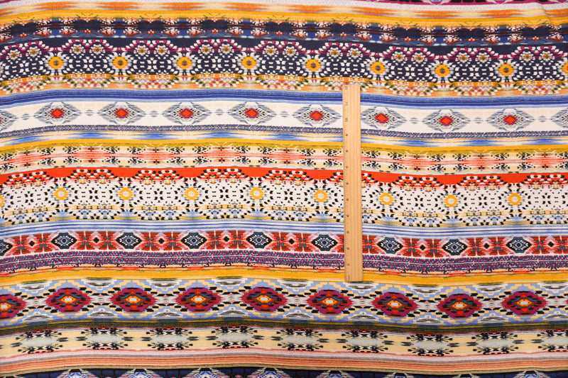 Blue-Yellow-Multi Rayon Ikat Printed Challis Woven Fabric