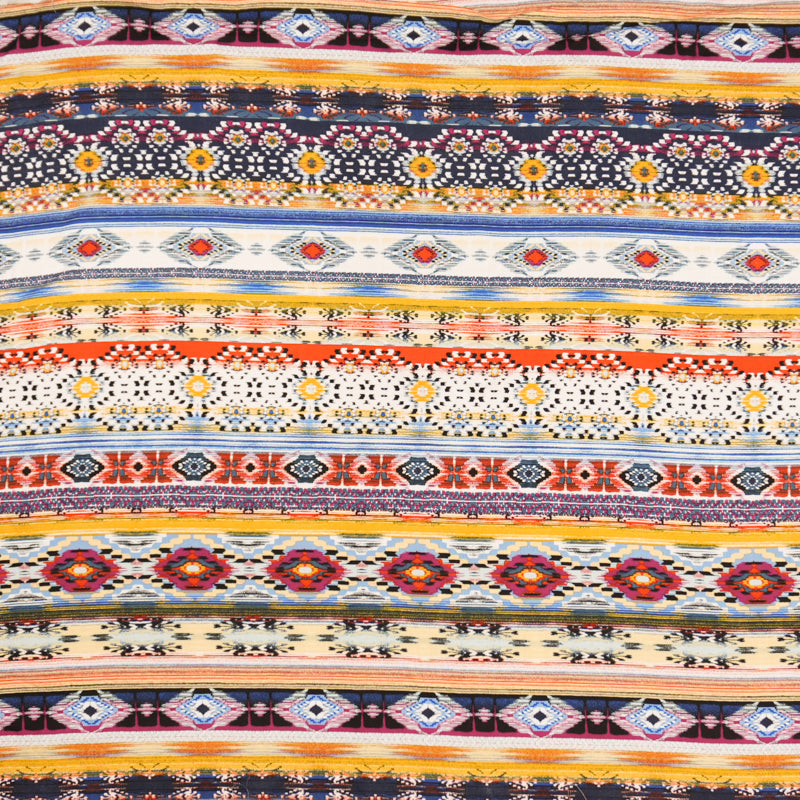 Blue-Yellow-Multi Rayon Ikat Printed Challis Woven Fabric