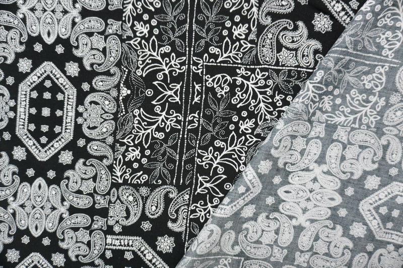 Black-White Rayon Floral Paisley Printed Challis Woven Fabric