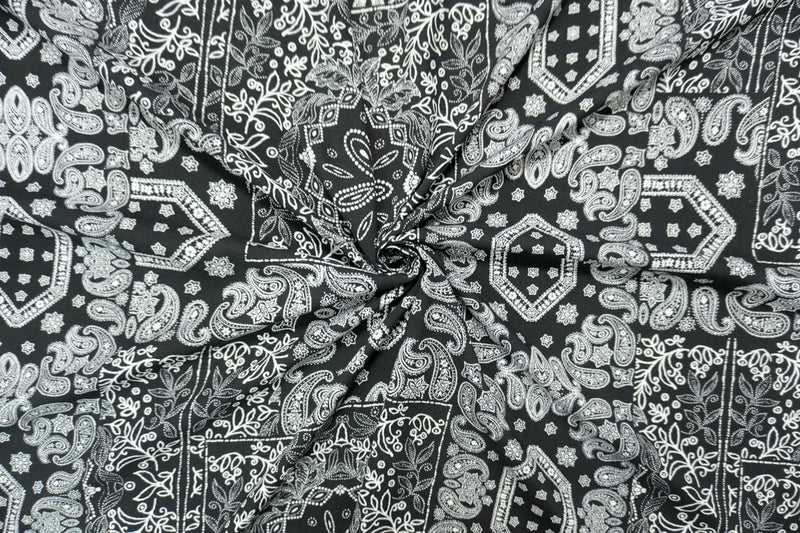 Black-White Rayon Floral Paisley Printed Challis Woven Fabric