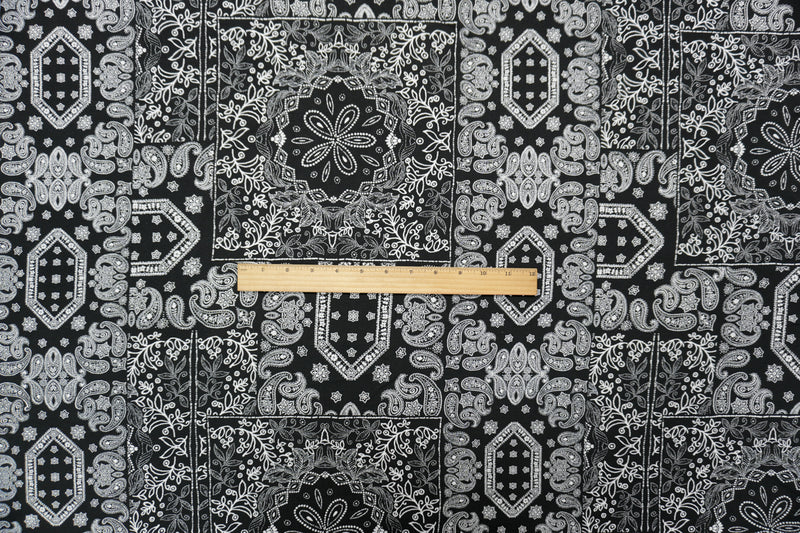 Black-White Rayon Floral Paisley Printed Challis Woven Fabric