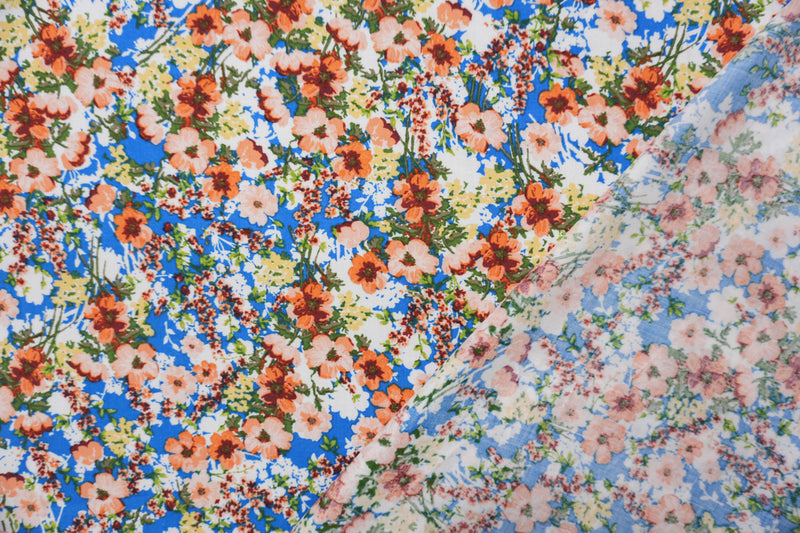 Blue-Orange-Multi Rayon Floral Printed Challis Woven Fabric