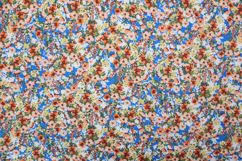 Blue-Orange-Multi Rayon Floral Printed Challis Woven Fabric