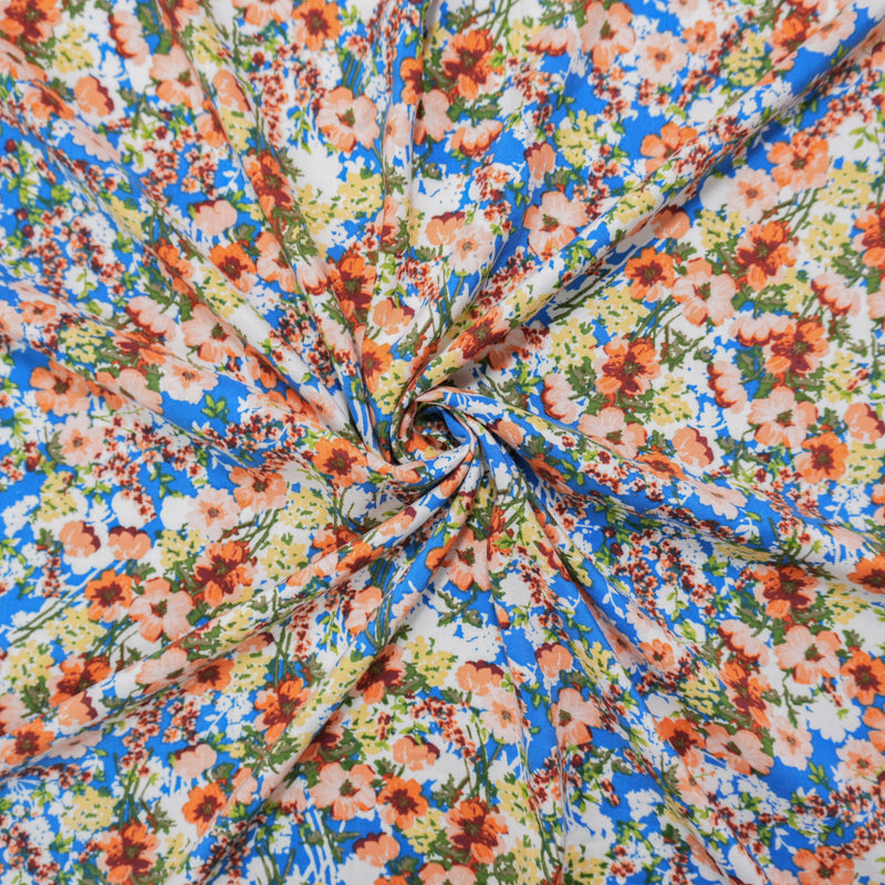 Blue-Orange-Multi Rayon Floral Printed Challis Woven Fabric