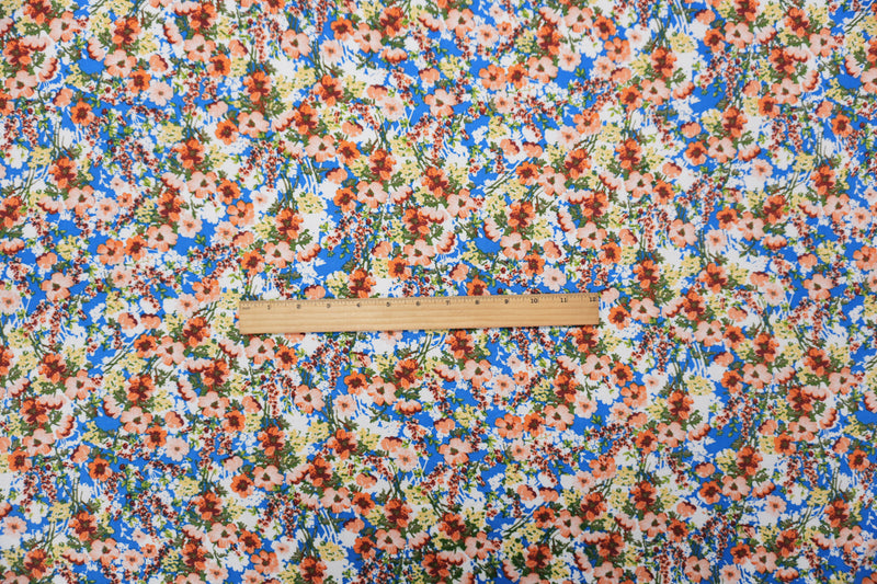 Blue-Orange-Multi Rayon Floral Printed Challis Woven Fabric