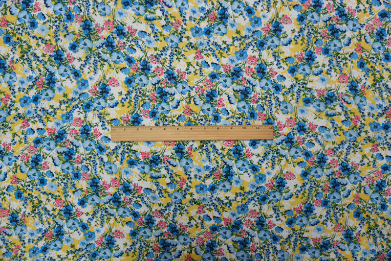 Blue-Yellow-Multi Rayon Floral Printed Challis Woven Fabric