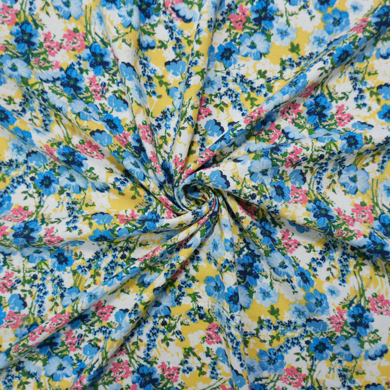 Blue-Yellow-Multi Rayon Floral Printed Challis Woven Fabric