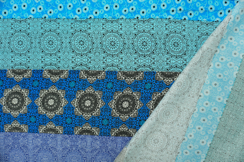 Blue-Teal-Multi Rayon Stripe Moroccan Printed Challis Woven Fabric