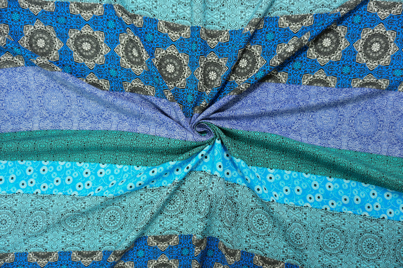 Blue-Teal-Multi Rayon Stripe Moroccan Printed Challis Woven Fabric