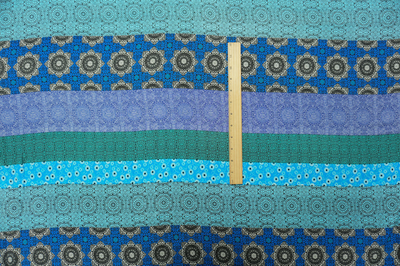 Blue-Teal-Multi Rayon Stripe Moroccan Printed Challis Woven Fabric