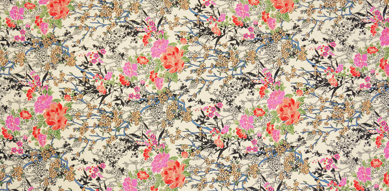 3 YD PC-Ivory-Black-Multi Rayon Floral Printed Challis Woven Fabric