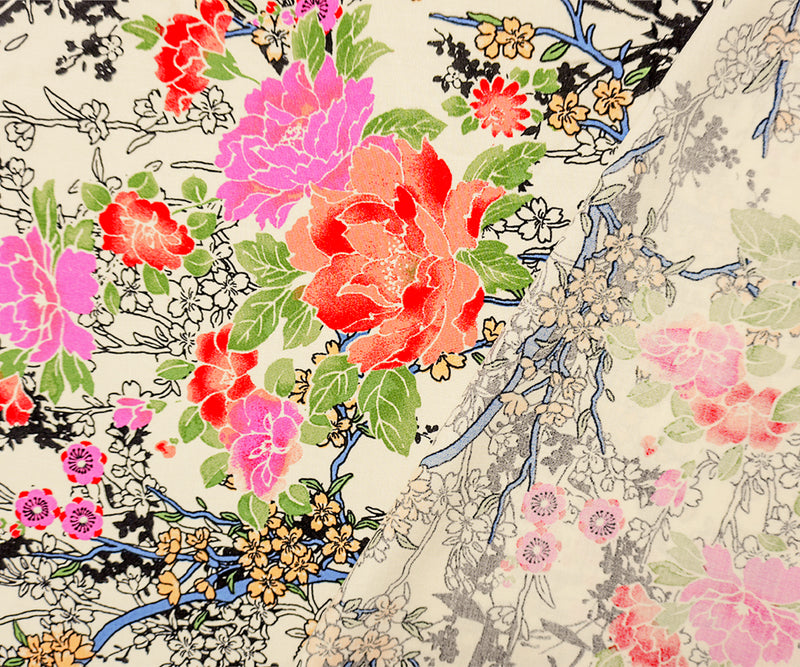 3 YD PC-Ivory-Black-Multi Rayon Floral Printed Challis Woven Fabric
