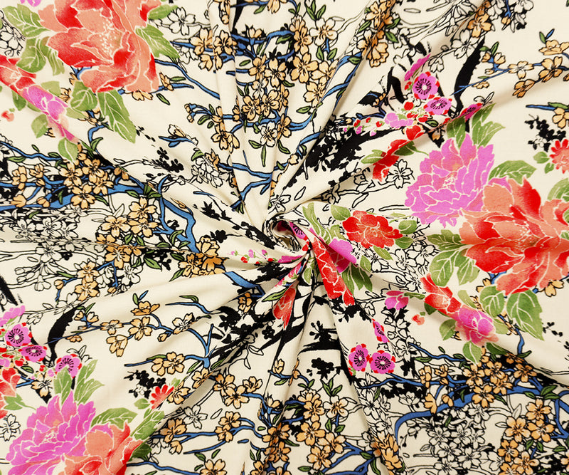 3 YD PC-Ivory-Black-Multi Rayon Floral Printed Challis Woven Fabric