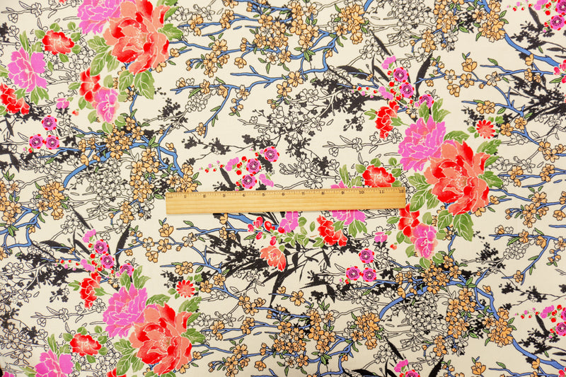2 YD PC-Ivory-Black-Multi Rayon Floral Printed Challis Woven Fabric
