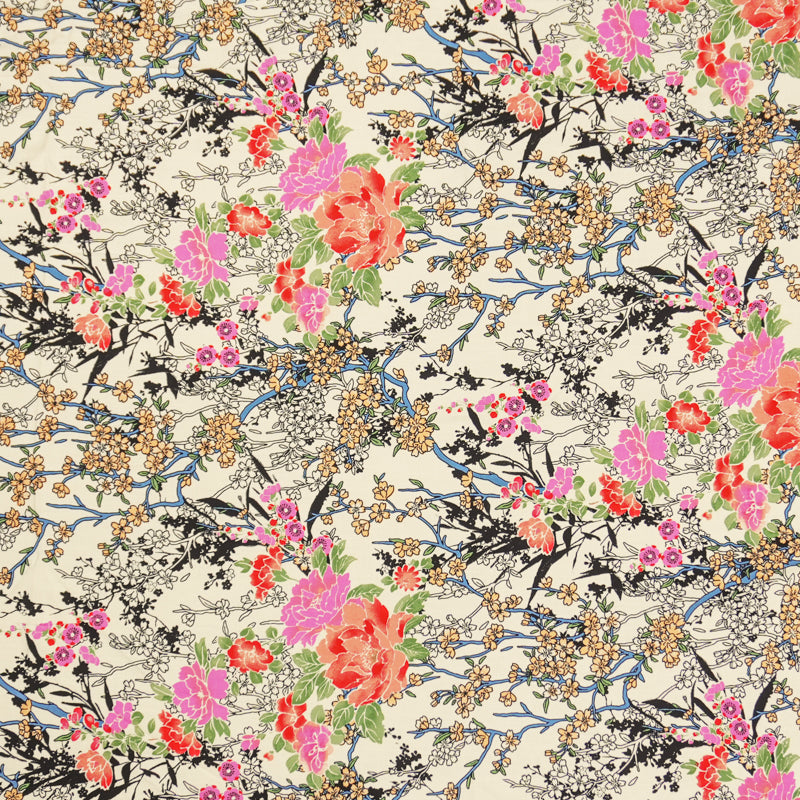 3 YD PC-Ivory-Black-Multi Rayon Floral Printed Challis Woven Fabric