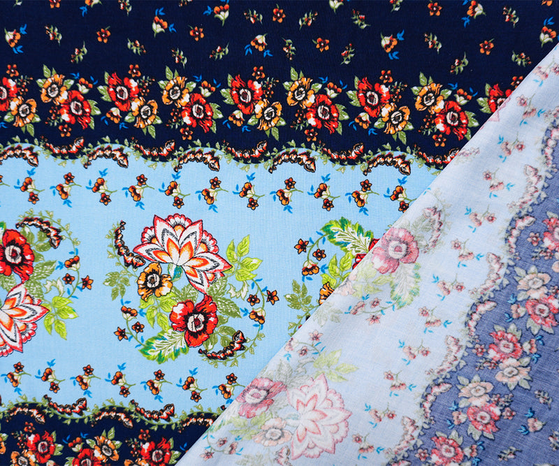 Blue-Multi Rayon Washable Floral Print Challis Woven Fabric