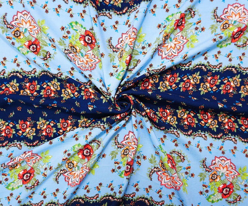 Blue-Multi Rayon Washable Floral Print Challis Woven Fabric