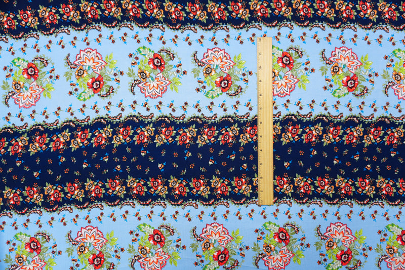 Blue-Multi Rayon Washable Floral Print Challis Woven Fabric