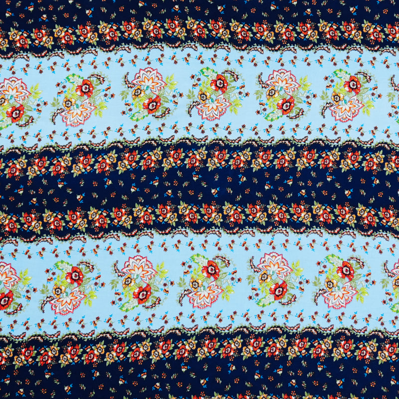 Blue-Multi Rayon Washable Floral Print Challis Woven Fabric