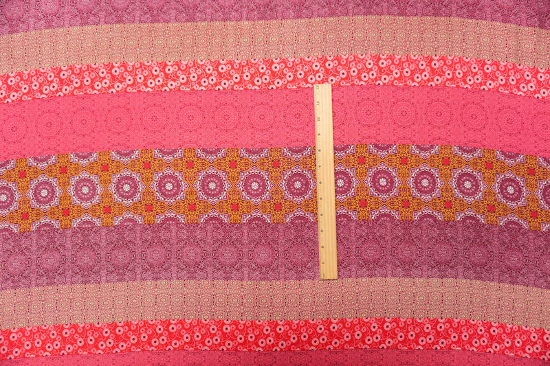 Red-Brown-Multi Rayon Stripe Moroccan Printed Challis Woven Fabric