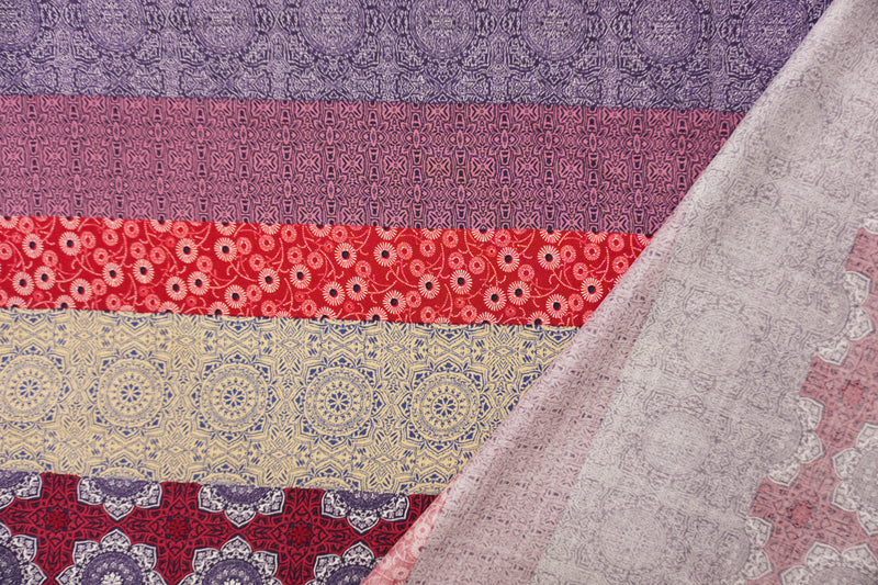 Purple-Beige-Multi Rayon Stripe Moroccan Printed Challis Woven Fabric