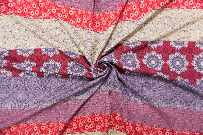 Purple-Beige-Multi Rayon Stripe Moroccan Printed Challis Woven Fabric