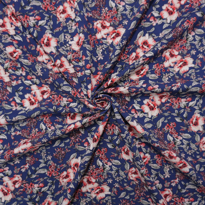 Blue-Red-Multi Rayon Floral Printed Challis Woven Fabric