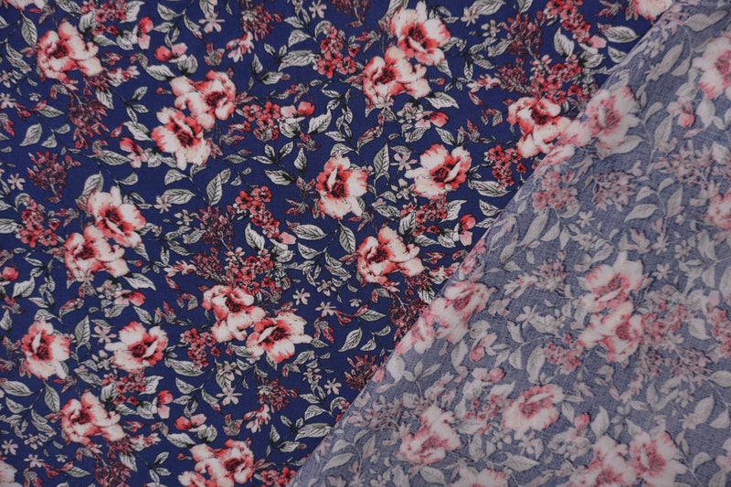 Blue-Red-Multi Rayon Floral Printed Challis Woven Fabric