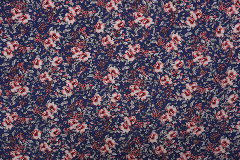 Blue-Red-Multi Rayon Floral Printed Challis Woven Fabric